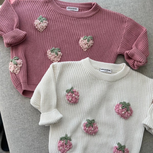 Personalized Strawberry Embroidered Baby Sweater | Toddler Name | Oversized Chunky Knit Sweater for Kids | Baby Shower Gift