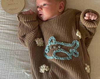 Personalized Baby Sweater: Embroidered Airplane, Knit Toddler Gift