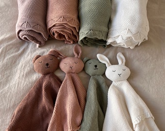 Newborn Baby Gift Bundle Personalized Hand-Embroidered Blanket & Teddy Bear Bunny Lovey | Baby Shower Gift | Baby Announcement | Nursery