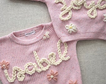 Personalized Daisy Flower Embroidery Baby Valentines | Toddler Name Sweater | Oversized Chunky Knit Kids | Baby Shower Gift Birthday