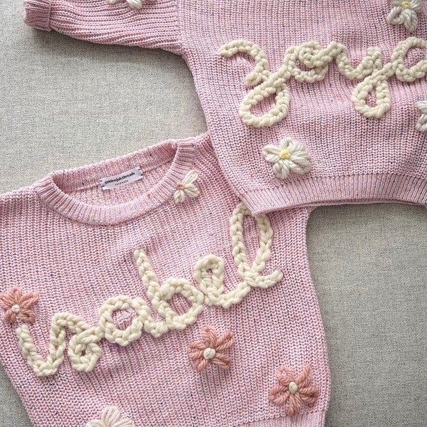 Personalized Daisy Flower Embroidery Baby Valentines | Toddler Name Sweater | Oversized Chunky Knit Kids | Baby Shower Gift Birthday