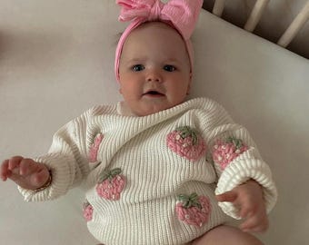 Personalized Embroidered Strawberry Baby Sweater: Chunky Knit Toddler Gift