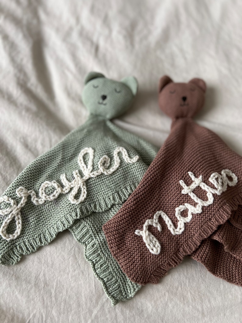 Personalized Hand-Embroidered Baby Teddy Bear & Bunny Lovey Customized Newborn Lovies Baby shower Gift Baby Announcement image 1