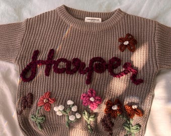 Autumn Fall Wildflowers Sweater | Personalized Girl Baby Sweater | Toddler knit Sweater | Custom Baby Shower Gift |