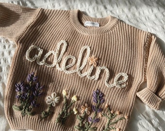 Embroidery Flower Wildflowers Sweater | Personalized Girl Baby Sweater | Toddler Initial Sweater | Milestone | Custom Baby Shower Gift |