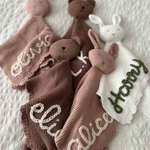 Personalized Hand-Embroidered Baby Teddy Bear & Bunny Lovey Customized Newborn Lovies Baby shower Gift Baby Announcement image 7