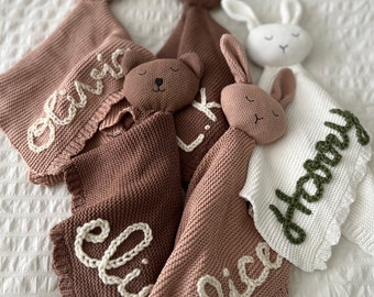 Personalized Hand-Embroidered Baby Teddy Bear & Bunny Lovey | Customized Newborn Lovies | Baby shower Gift | Baby Announcement