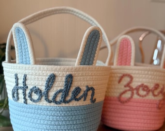 Personalized Bunny Easter Basket: Woven Cotton Rope, Custom Name