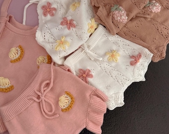 Hand Embroidered Custom Baby Toddler Two Piece Romper Knit Set for Spring Summer