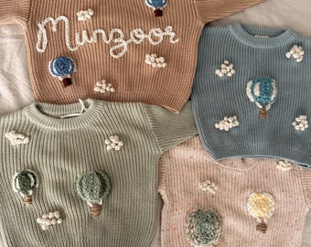 Personalized Custom Embroidery Hot Air Balloon Baby Name Sweater | Knit Kids Sweater | Baby shower Gift | Toddler Birthday |