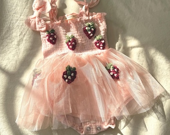 Hand Embroidered Strawberry Tulle Dress: Personalized First Birthday Outfit