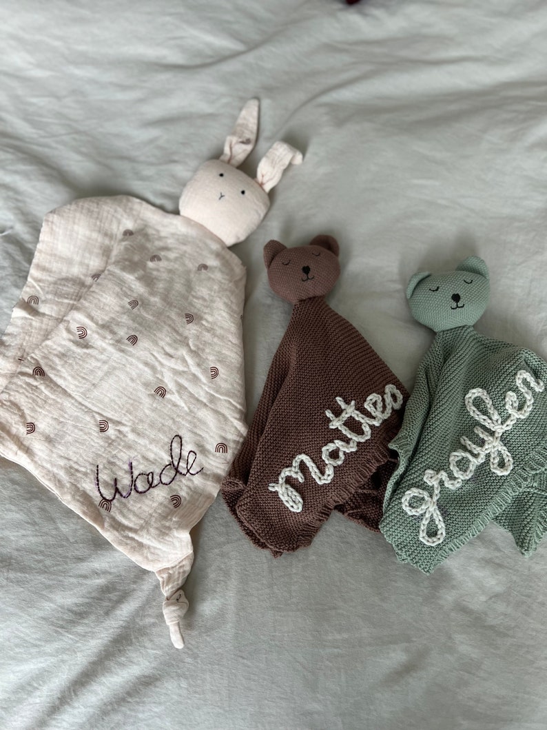 Personalized Hand-Embroidered Baby Teddy Bear & Bunny Lovey Customized Newborn Lovies Baby shower Gift Baby Announcement image 5