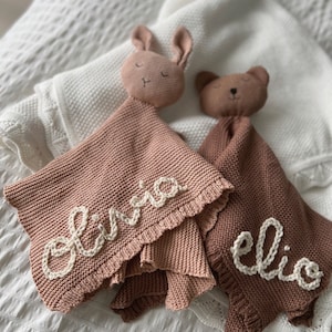 Personalized Hand-Embroidered Baby Teddy Bear & Bunny Lovey Customized Newborn Lovies Baby shower Gift Baby Announcement image 6