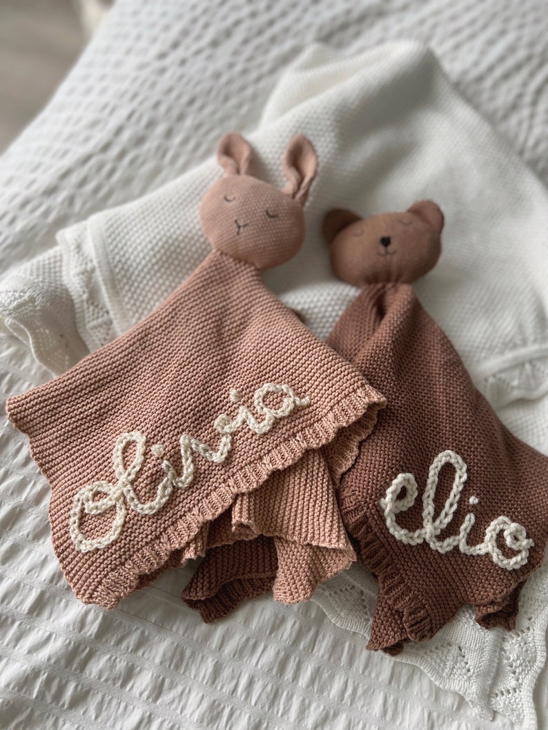 Personalized Hand-Embroidered Baby Teddy Bear & Bunny Lovey Customized Newborn Lovies Baby shower Gift Baby Announcement image 6