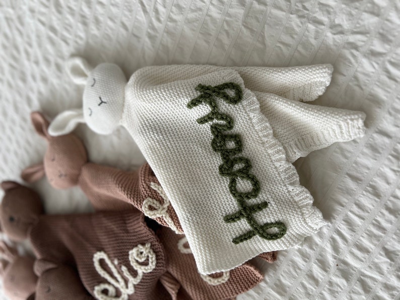 Personalized Hand-Embroidered Baby Teddy Bear & Bunny Lovey Customized Newborn Lovies Baby shower Gift Baby Announcement image 8