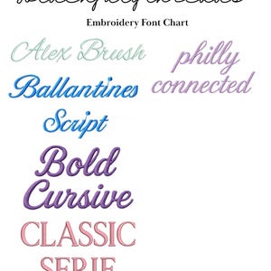 May include: An embroidery font chart titled Goldenjulythreads featuring various text styles including Alex Brush, philly connected, Ballantines, Script, Bold, Cursive, and CLASSIC SERIF in colors like light blue, purple, and pink on a white background.