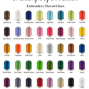 May include: An embroidery thread color chart by Goldenjulythreads featuring forty spools of thread in various colors. Each spool is labeled with a unique numerical code and a corresponding color name, including shades like white, black, red, and blue.