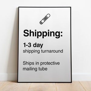 May include: Black and white illustration of a mailing tube with the text "Shipping: 1-3 day shipping turnaround. Ships in protective mailing tube."