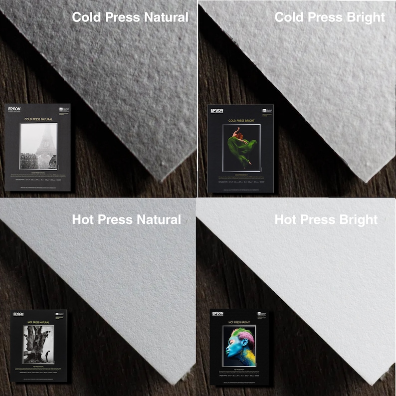 May include: Four samples of Epson Cold Press and Hot Press paper, each with a different image printed on it. The top left sample is Cold Press Natural with a black and white image of a building. The top right sample is Cold Press Bright with a black and white image of a woman in a green dress. The bottom left sample is Hot Press Natural with a black and white image of a tree. The bottom right sample is Hot Press Bright with a color image of a woman with blue paint on her face.
