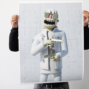 May include: A white 3D cartoon character wearing a white jacket, white pants, and gold sunglasses. The character is holding two gold guns and has a gold chain around their neck.