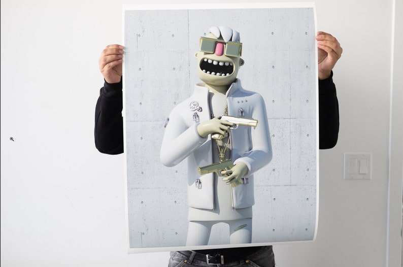 May include: A white 3D cartoon character wearing a white jacket, white pants, and gold sunglasses. The character is holding two gold guns and has a gold chain around their neck.