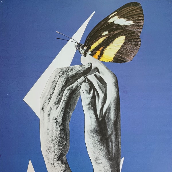 Original handmade contemporary sculpture paper collage, hand and butterfly artwork, sculptural collage art, blue modern gallery wall art
