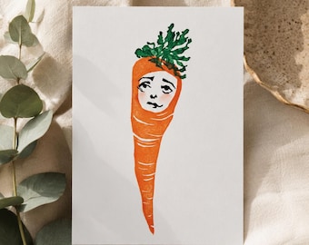 Whimsical Carrot Linocut Print: Hand-Carved Folk Art Vegetable Illustration (4.5 x 6.5)