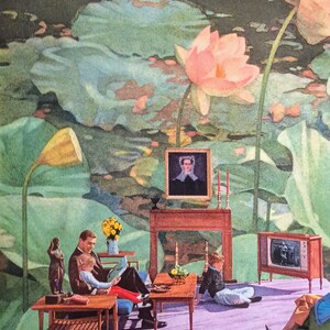 Collage di carta surreale Opera d'arte originale Soggiorno di famiglia su una foglia di ninfea