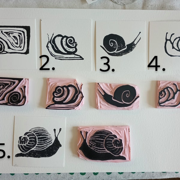 affordable original art, lino cut print, snail stamp artwork, signed original stamp, mini art gallery wall, tiny art, snail mail