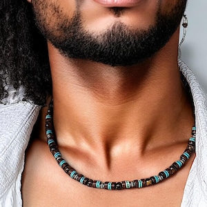 Tribal Surfer heren choker ketting, turquoise kralen steen en tijgeroog edelsteen, boho rustieke sieraden, dikke Afrikaanse ketting, cadeau voor hem