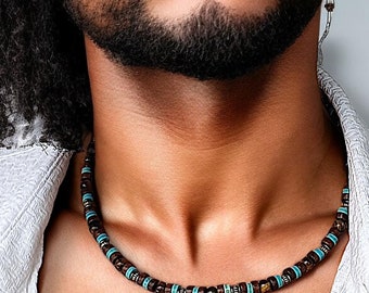 Tribal Surfer Mens Choker Necklace, Turquoise Beads Stone & Tiger Eye Gemstone,  Boho Rustic Jewelry, Chunky African Necklace, Gift for Him