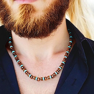 African Turquoise Mens Choker, Casual Bohemian Surfer Jewelry, Summer Festival & Beach Necklace, Bohemian Wooden Bead Tribal Men Necklace