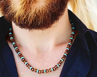Afrikanischer Türkis Herren Choker, Lässiger Boho Surfer Schmuck, Sommer Festival & Strand Halskette, Boho Holzperlen Tribal Herren