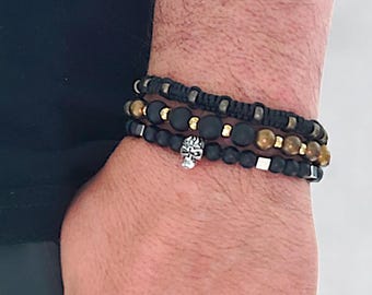 Mens Layered Gemstone Bracelet Set, Black Onyx Stone Macrame