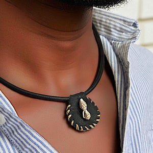 Men&#39;s Tribal Leather Necklace, Black Cowhide Choker, Rustic Ethnic Warrior Jewelry, Boho Surfer Necklace, African Spiritual Tribal Pendant