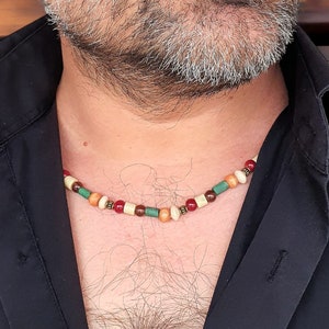 Mens Boho Surfer Choker, Colorful Gemstone Jewelry, Tribal Beaded Necklace, Minimalist Hippie Summer Beach Necklace, Men Beaded Necklace