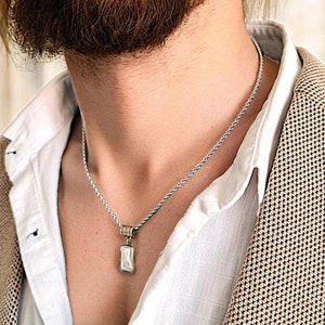 Mens Elegant Silver Minimalist Pendant, Modern Groom Accessory,  Steel Stone Necklace, Stylish Gift for Him, Guy Wedding Jewelry, Rich Man