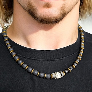 Minimalist Men&#39;s Statement Jewelry | Luxury Hematite and Howlite Necklace with Gold Accents | Men Modern Jewelry Gift | Royal Crown Necklace