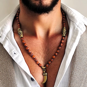 Mens Tribal Necklace - Vintage Wooden Beads, Ethnic Long Necklace, Customizable Gift for Men, Bead Necklace, Surfer Rosary Mala Necklace