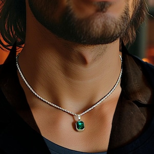 Mens Emerald Pendant Necklace, Elegant Mens Choker, Dainty Crystal Pendant Jewelry, Rich Man&#39;s Custom Luxury Necklace, Stylish Gifts For Men