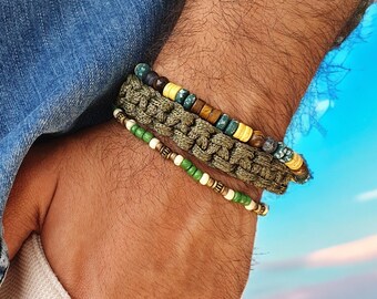Mens Multilayer Paracord Gemstone Bracelet, Aesthetic Tribal