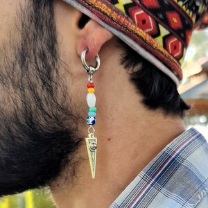 Mens Multicolor Earrings, Tribal Triangle Earring, Evil Eye Seed Bead, Rainbow Festival Dangle Jewelry, Modern Hippie Hoop Colorful Earrings