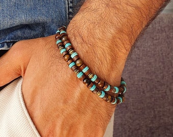 Mens Boho Spiral Bracelet, Surfer Hippie Multilayer Bracelet, Tiger Eye African Turquoise Layered Bracelet, Wooden Vintage Men Festival Gift