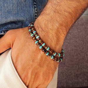 Mens Boho Spiral Bracelet, Surfer Hippie Multilayer Bracelet, Tiger Eye African Turquoise Layered Bracelet, Wooden Vintage Men Festival Gift