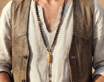 Mens Tibetan Mala Necklace, Tribal Bone Pendant, Boho Rudraksha Jewelry, Arrowhead Charm, Ethnic Protection, Shamanic Amulet, Spiritual Gift