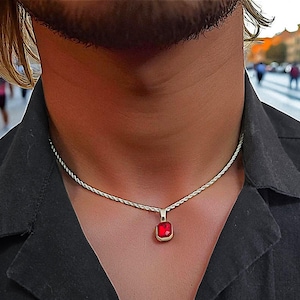 elegant men’s ruby necklace with minimalist crystal pendant, stainless steel chain, men’s wedding jewelry, business suit accessories, luxury gemstone choker, rich man necklaces for formal and casual wear