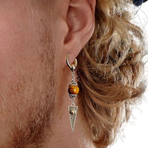 Long Dangle Triangle Gemstone Mens Earring - Stainless Steel Tiger Eye Stone Modern Pirate Hoop Earring, Elegant Silver Spike Tribal Jewelry