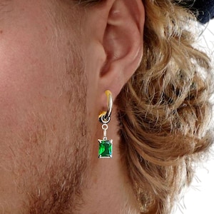 Elegant Mens Emerald Earrings - Green Gemstone Mens Earrings - Minimalist Custom Dangle Earrings - Sterling Silver Hoop Square Groom Earring