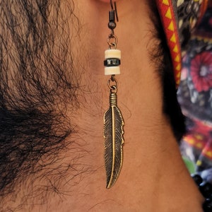 Mens Earrings, Goth Accent, Dangle Feather, Gothic Everyday Stud, Modern Simple, Cute Feather, Boho Lightweight, Long Beaded, Big Earring