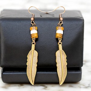 Custom Boho Drop Earring for Men, Tiger Eye Feather Drop Earring, Vintage Pirate Jewelry, African Stone Bead Earring, Tribal Gift for Men
